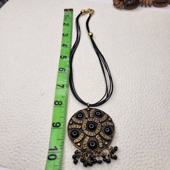 BLACK and Gold Tone Burnished Round Pendant Necklace - Picture 5 of 5